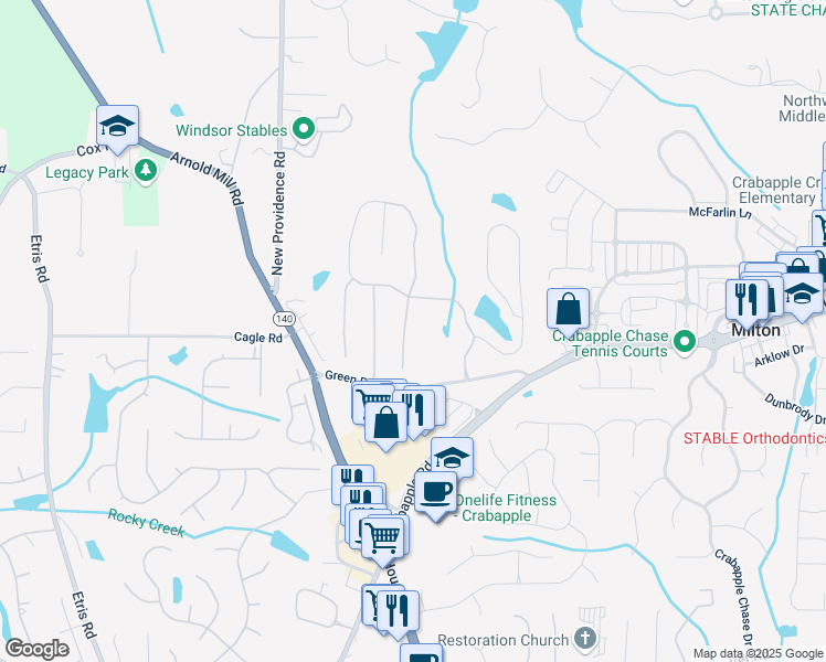 map of restaurants, bars, coffee shops, grocery stores, and more near 200 Green Road in Alpharetta
