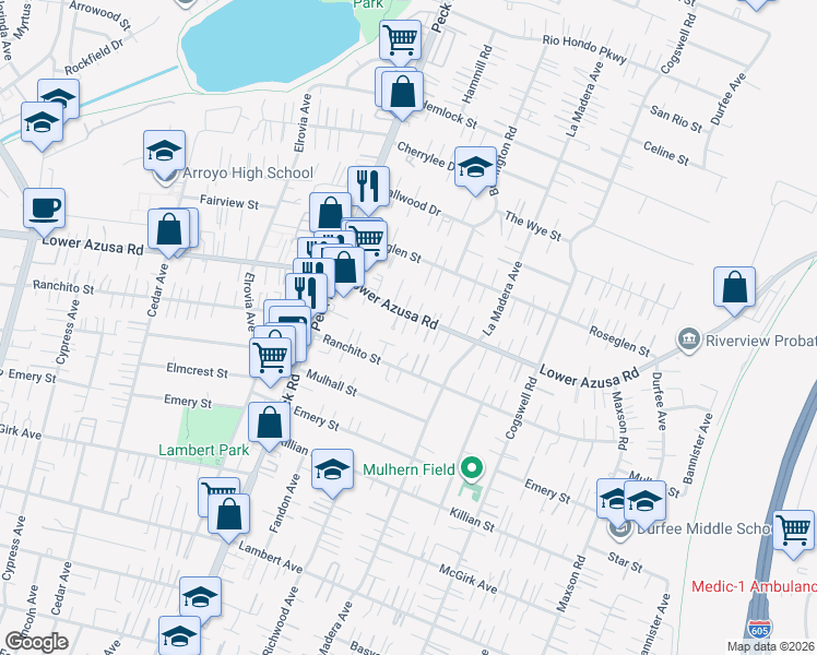 map of restaurants, bars, coffee shops, grocery stores, and more near 11758 Lower Azusa Road in El Monte