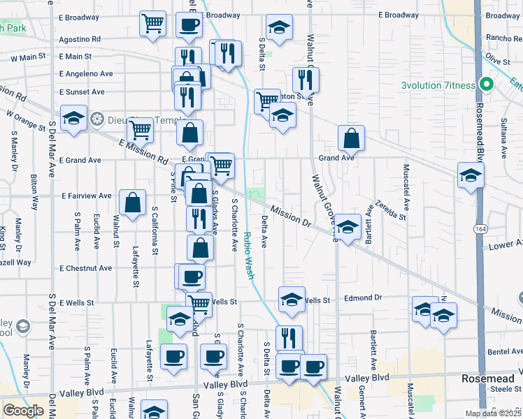 map of restaurants, bars, coffee shops, grocery stores, and more near 8330 Mission Drive in Rosemead