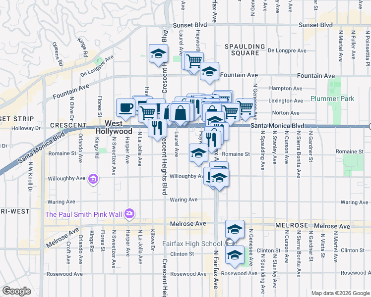 map of restaurants, bars, coffee shops, grocery stores, and more near 1009 North Edinburgh Avenue in West Hollywood