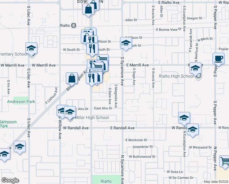 map of restaurants, bars, coffee shops, grocery stores, and more near 681 South Date Avenue in Rialto