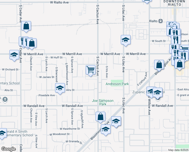 map of restaurants, bars, coffee shops, grocery stores, and more near 700 South Fillmore Avenue in Rialto