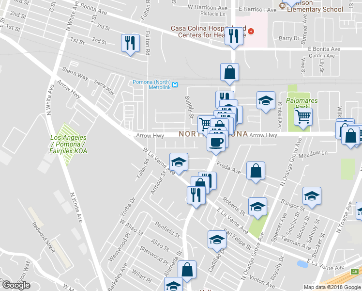 map of restaurants, bars, coffee shops, grocery stores, and more near 263 Golden Carriage Lane in Pomona