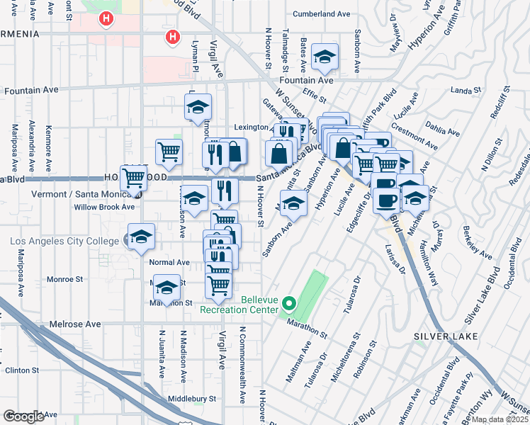 map of restaurants, bars, coffee shops, grocery stores, and more near 915 Manzanita Street in Los Angeles