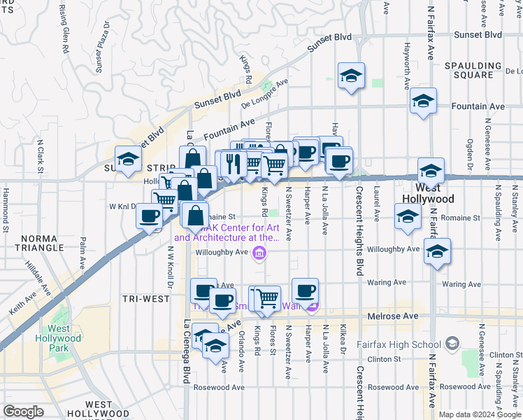 map of restaurants, bars, coffee shops, grocery stores, and more near 1015 Kings Road in West Hollywood
