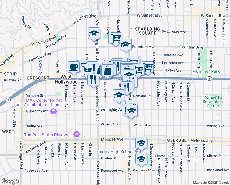 map of restaurants, bars, coffee shops, grocery stores, and more near 1010 North Edinburgh Avenue in West Hollywood