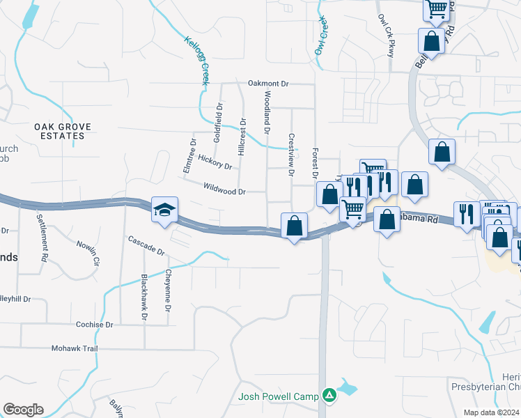 map of restaurants, bars, coffee shops, grocery stores, and more near 5549 Woodland Drive in Acworth