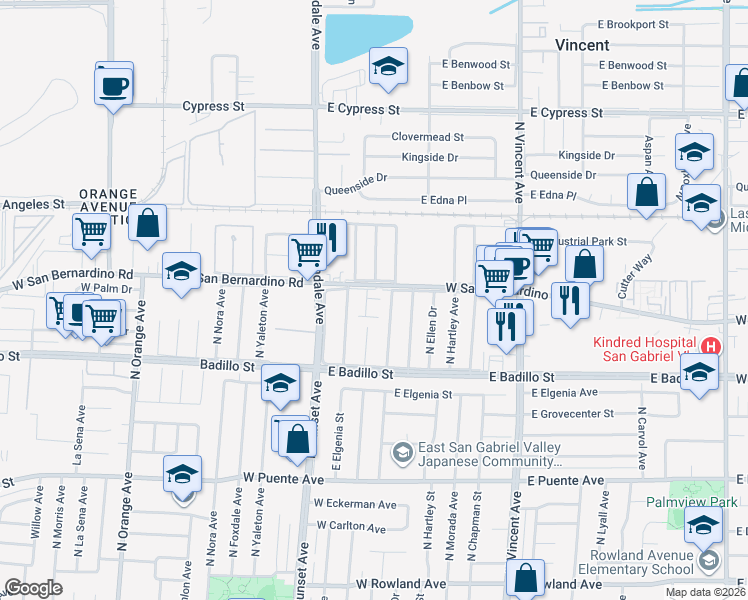 map of restaurants, bars, coffee shops, grocery stores, and more near 16086 East San Bernardino Road in Covina