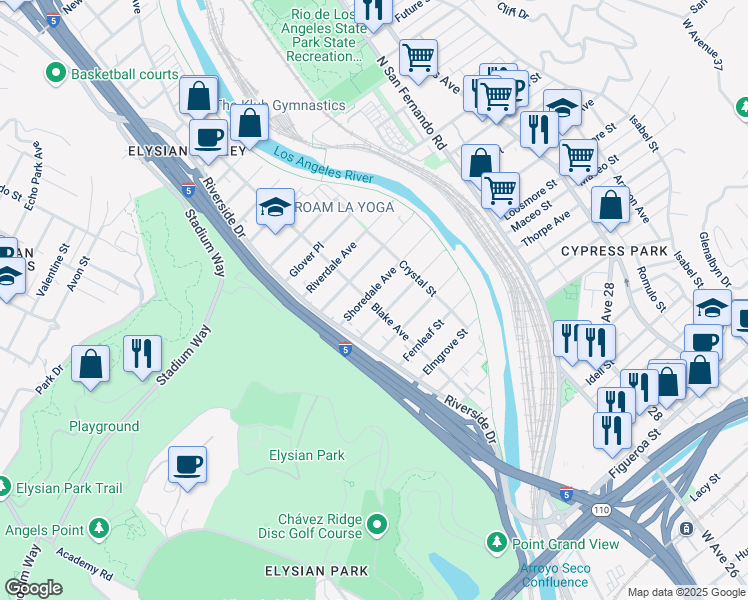 map of restaurants, bars, coffee shops, grocery stores, and more near 2312 Harwood Street in Los Angeles