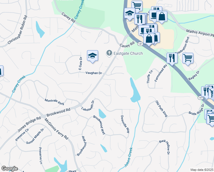 map of restaurants, bars, coffee shops, grocery stores, and more near 3685 Bardfield Court in Cumming