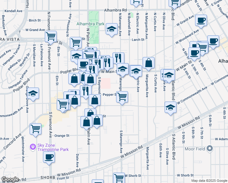 map of restaurants, bars, coffee shops, grocery stores, and more near 1721 Pepper Street in Alhambra