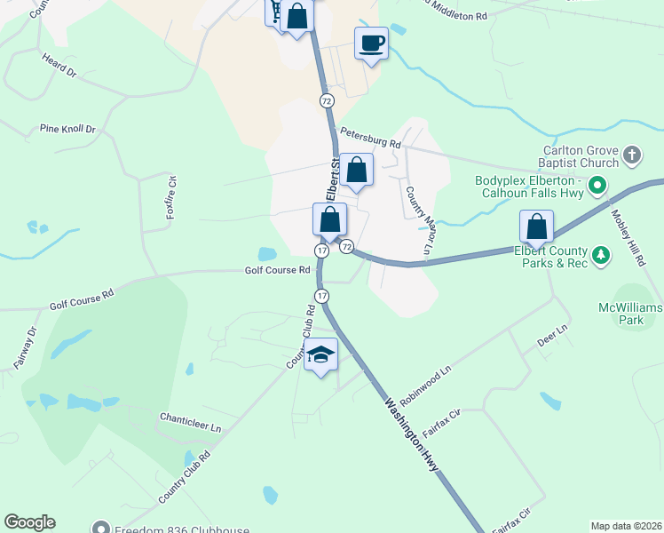 map of restaurants, bars, coffee shops, grocery stores, and more near 1236 Washington Highway in Elberton