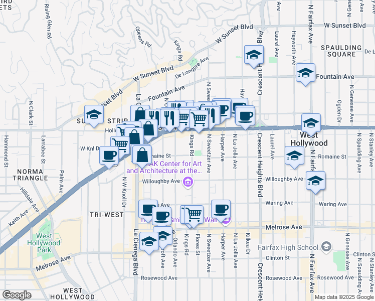 map of restaurants, bars, coffee shops, grocery stores, and more near 1015 Kings Road in West Hollywood