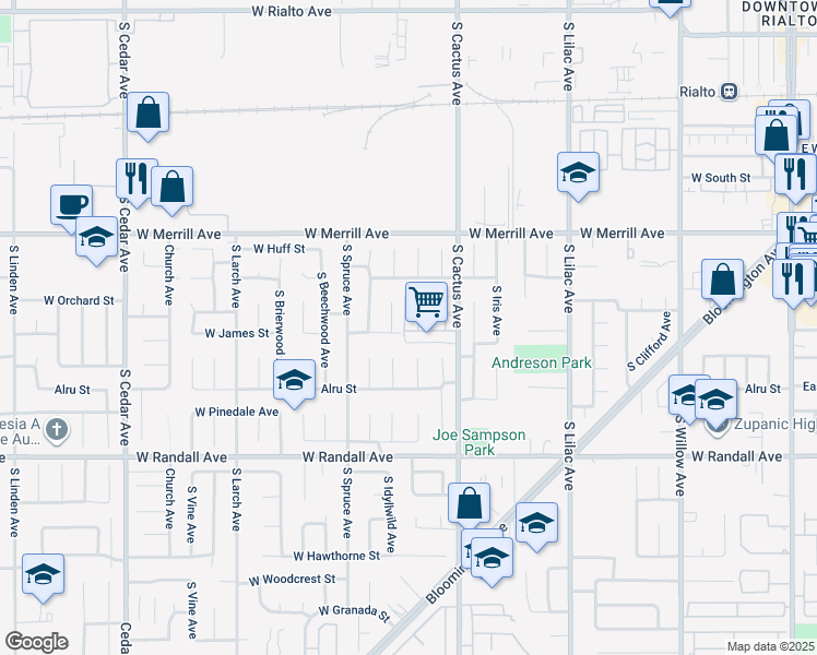 map of restaurants, bars, coffee shops, grocery stores, and more near 699 South Mandarin Lane in Rialto