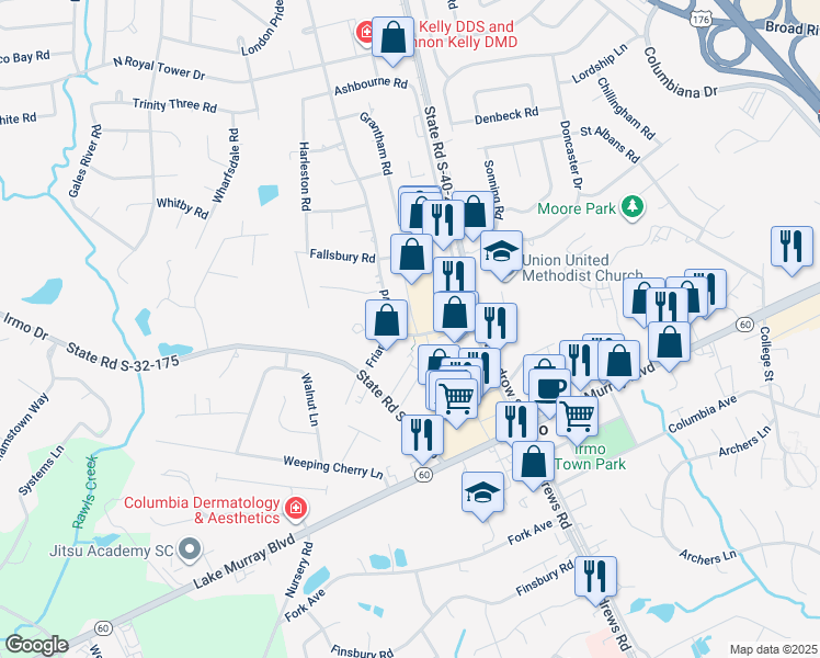 map of restaurants, bars, coffee shops, grocery stores, and more near 10 Thames Valley in Irmo