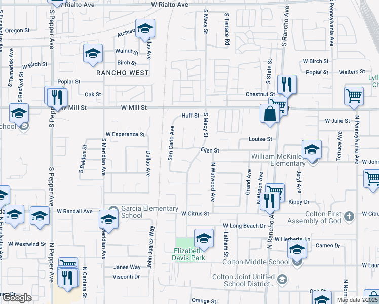 map of restaurants, bars, coffee shops, grocery stores, and more near 2366 Dunlop Court in Colton