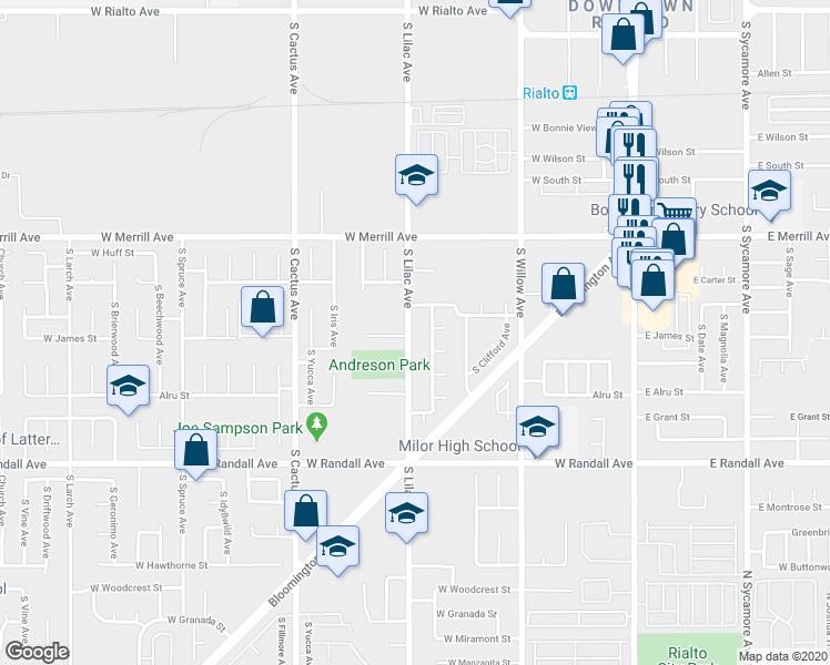 map of restaurants, bars, coffee shops, grocery stores, and more near 515 West James Street in Rialto