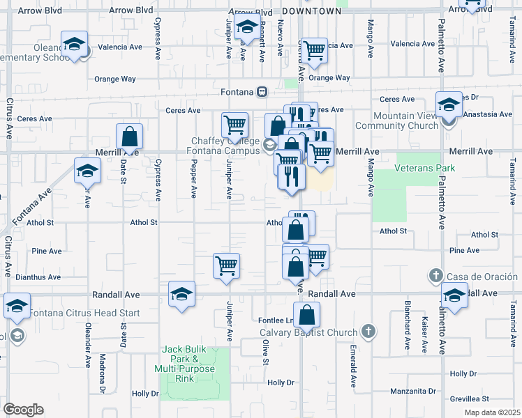 map of restaurants, bars, coffee shops, grocery stores, and more near 9067 Olive Street in Fontana