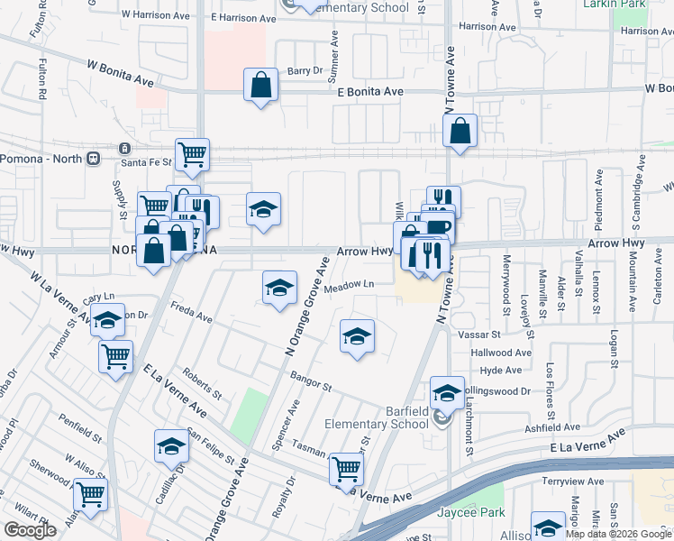 map of restaurants, bars, coffee shops, grocery stores, and more near 2284 North Orange Grove Avenue in Pomona
