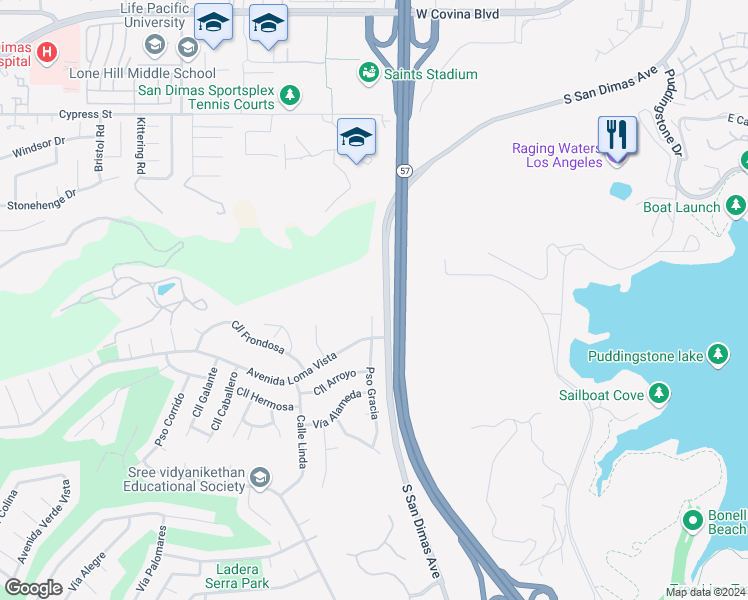 map of restaurants, bars, coffee shops, grocery stores, and more near in San Dimas