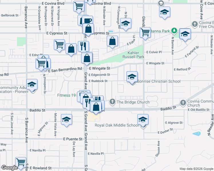 map of restaurants, bars, coffee shops, grocery stores, and more near 333 North Bender Avenue in Covina