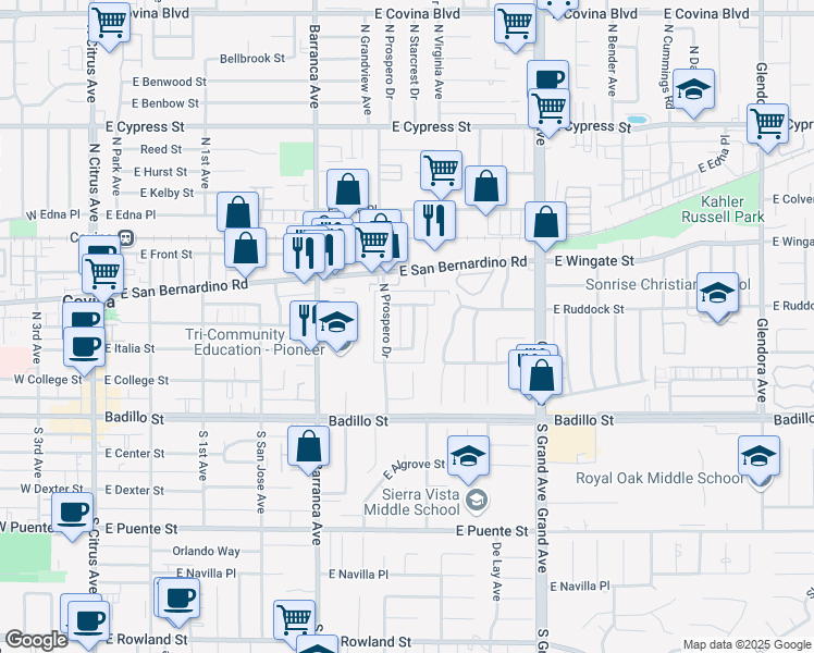 map of restaurants, bars, coffee shops, grocery stores, and more near 331 North Vecino Drive in Covina