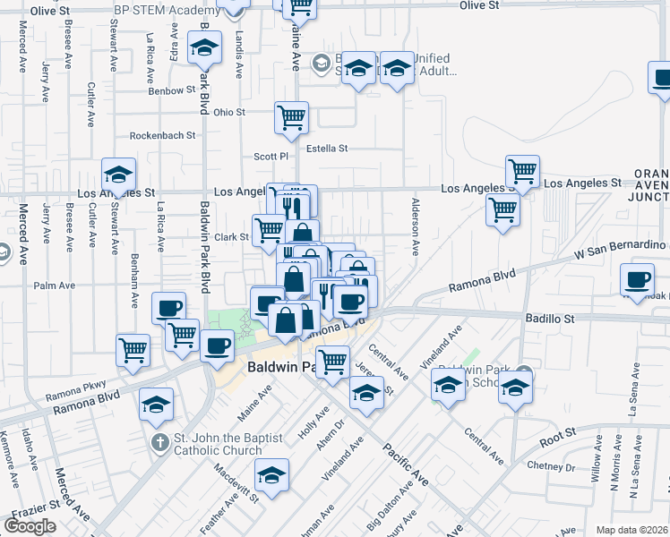 map of restaurants, bars, coffee shops, grocery stores, and more near 14451 Palmrose Street in Baldwin Park
