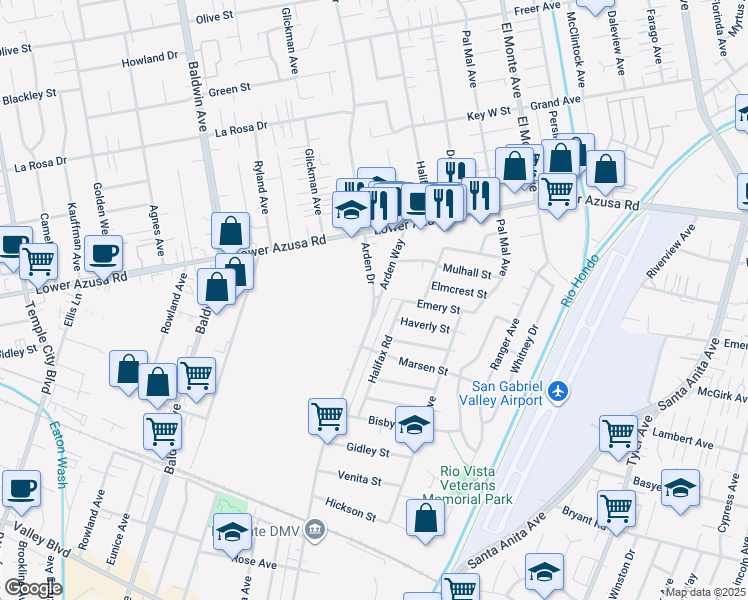 map of restaurants, bars, coffee shops, grocery stores, and more near 4554 Arden Way in El Monte
