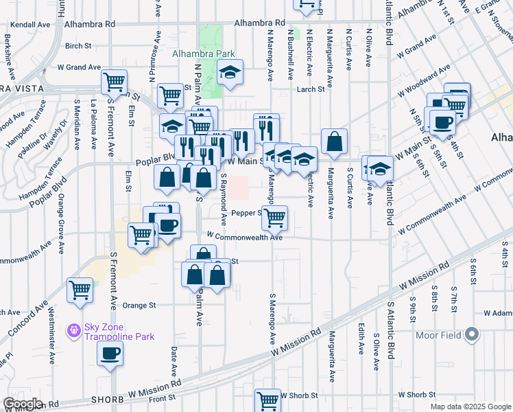 map of restaurants, bars, coffee shops, grocery stores, and more near 1721 Pepper Street in Alhambra