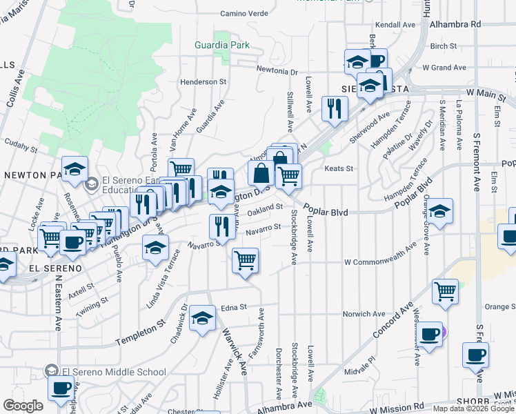 map of restaurants, bars, coffee shops, grocery stores, and more near 5343 Oakland Street in Los Angeles