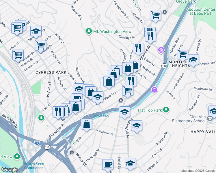 map of restaurants, bars, coffee shops, grocery stores, and more near 3521 North Figueroa Street in Los Angeles