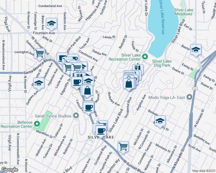 map of restaurants, bars, coffee shops, grocery stores, and more near 1612 Redesdale Avenue in Los Angeles