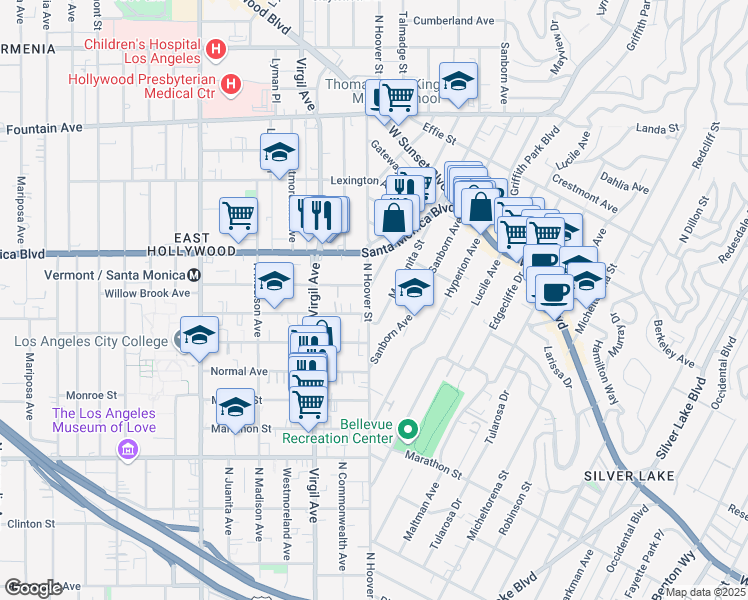 map of restaurants, bars, coffee shops, grocery stores, and more near 915 Manzanita Street in Los Angeles