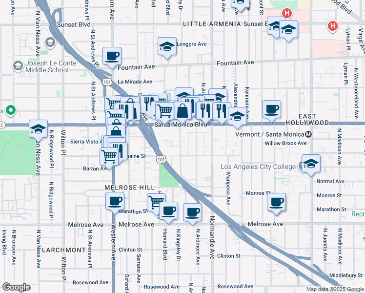 map of restaurants, bars, coffee shops, grocery stores, and more near 5151 Romaine Street in Los Angeles