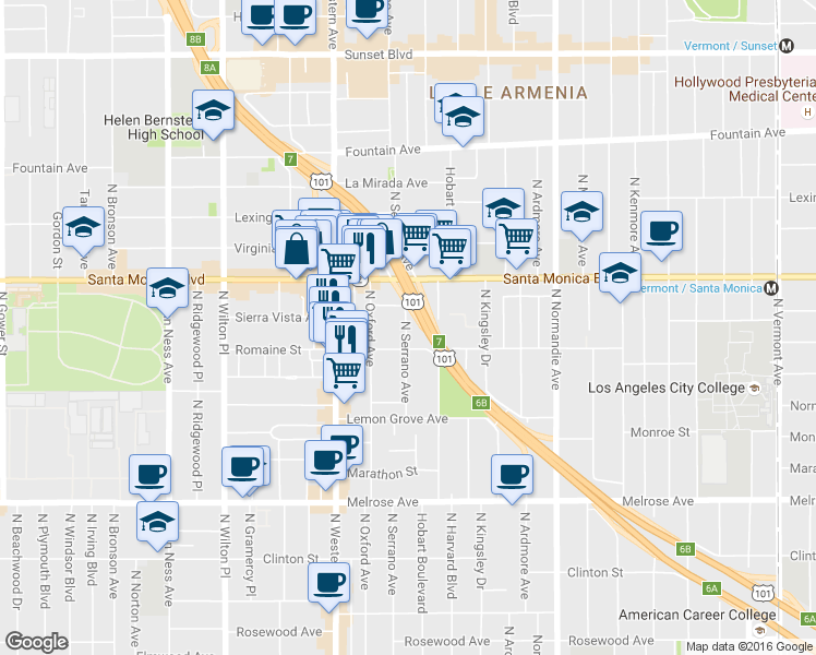 map of restaurants, bars, coffee shops, grocery stores, and more near in Los Angeles
