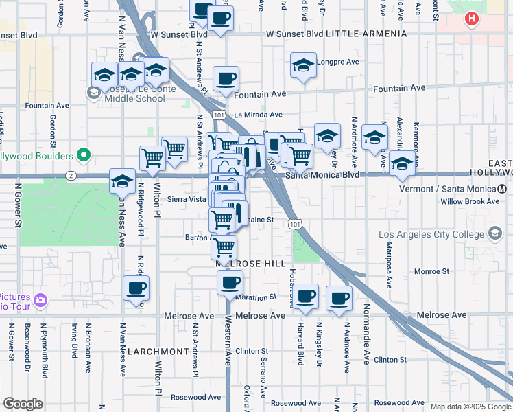 map of restaurants, bars, coffee shops, grocery stores, and more near 1015 North Oxford Avenue in Los Angeles