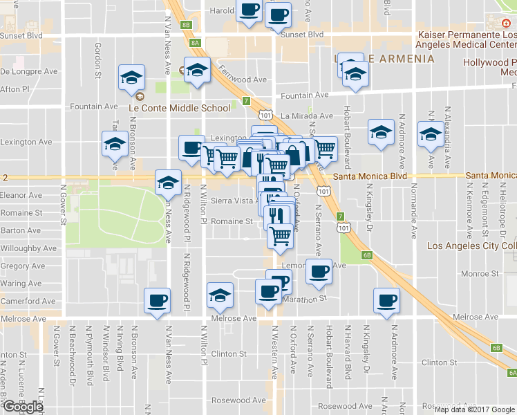 map of restaurants, bars, coffee shops, grocery stores, and more near 1011 North Western Avenue in Los Angeles