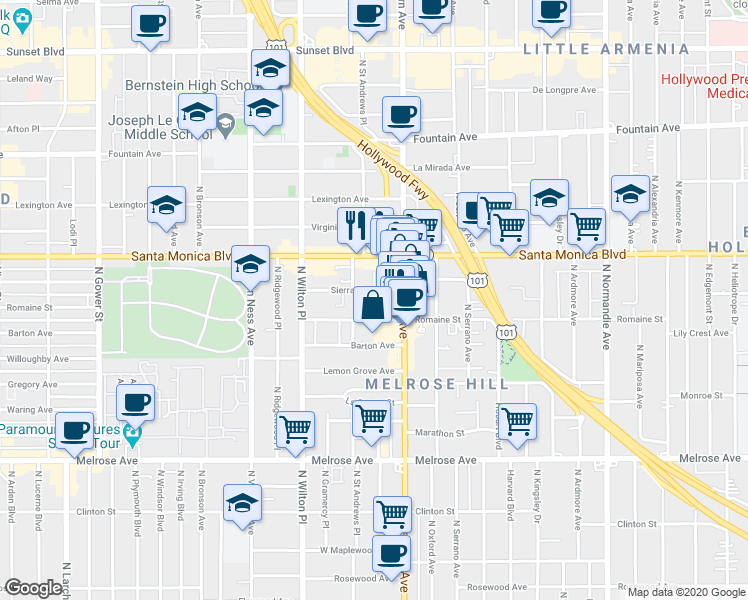 map of restaurants, bars, coffee shops, grocery stores, and more near 5452 Sierra Vista Avenue in Los Angeles