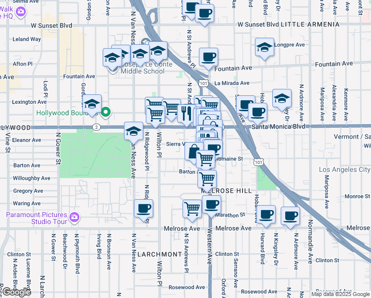 map of restaurants, bars, coffee shops, grocery stores, and more near 5452 Sierra Vista Avenue in Los Angeles