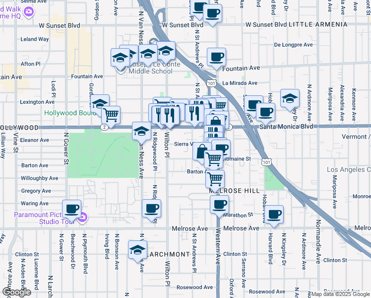 map of restaurants, bars, coffee shops, grocery stores, and more near 5533 Romaine Street in Los Angeles