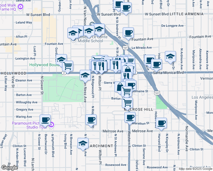 map of restaurants, bars, coffee shops, grocery stores, and more near 5533 Romaine Street in Los Angeles