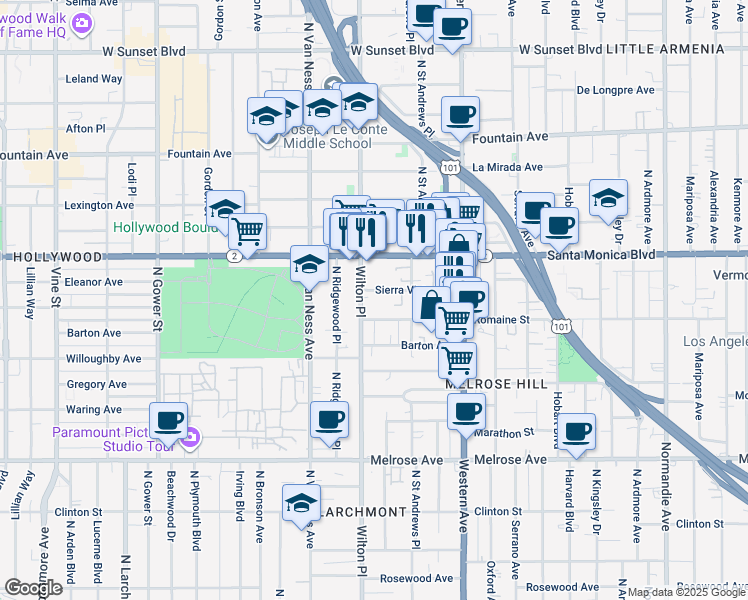 map of restaurants, bars, coffee shops, grocery stores, and more near 5533 Romaine Street in Los Angeles