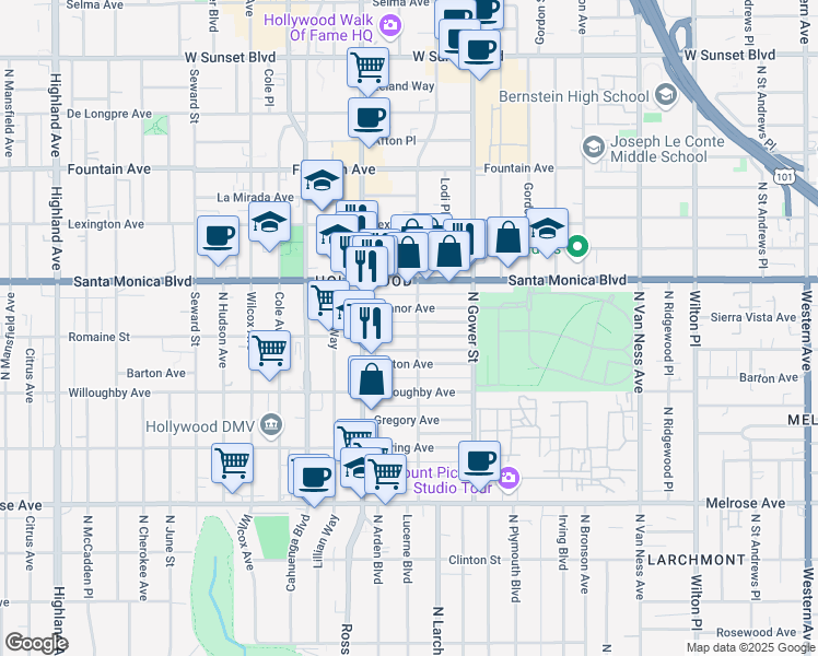 map of restaurants, bars, coffee shops, grocery stores, and more near 6101 Romaine Street in Los Angeles