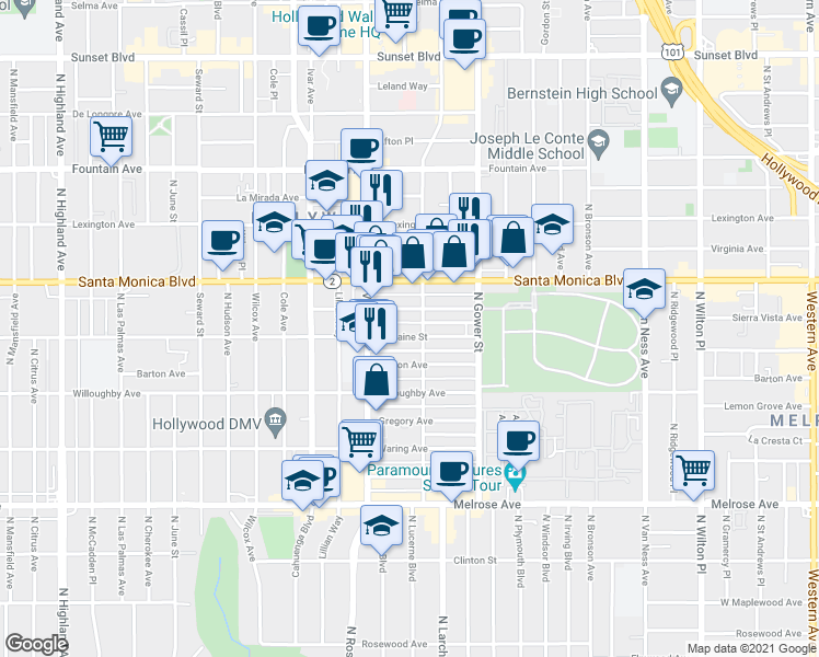 map of restaurants, bars, coffee shops, grocery stores, and more near 6101 Romaine Street in Los Angeles
