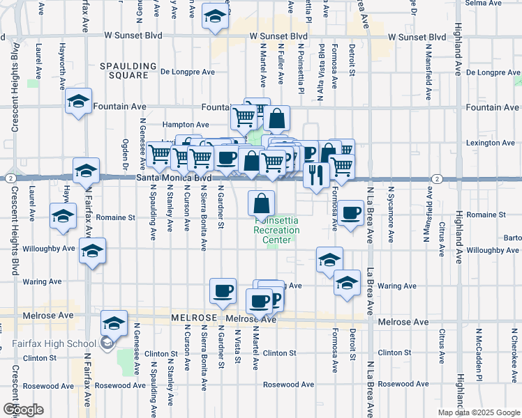 map of restaurants, bars, coffee shops, grocery stores, and more near 1009 North Martel Avenue in West Hollywood