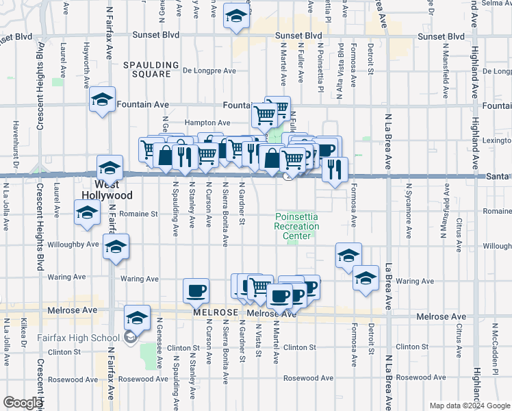map of restaurants, bars, coffee shops, grocery stores, and more near in West Hollywood
