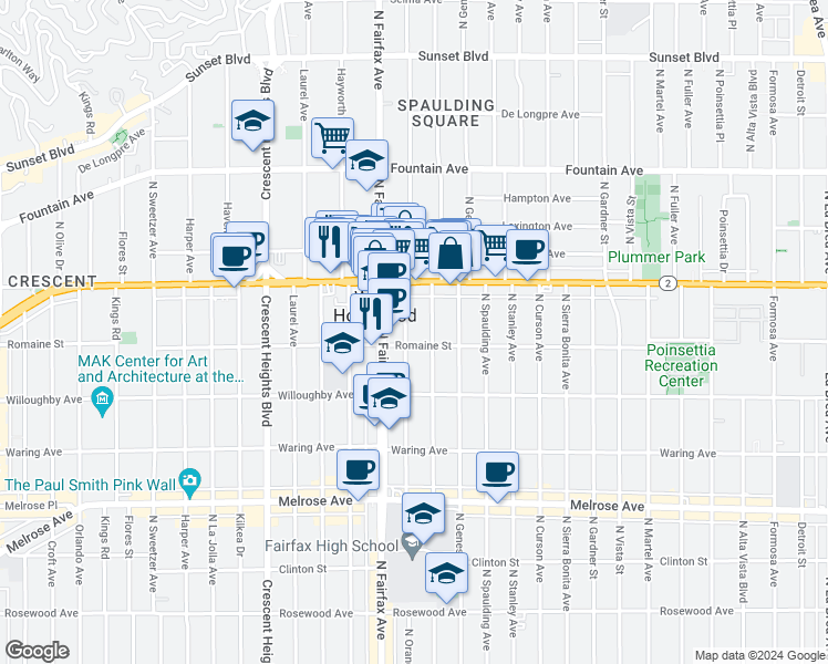 map of restaurants, bars, coffee shops, grocery stores, and more near 1001 North Orange Grove Avenue in West Hollywood