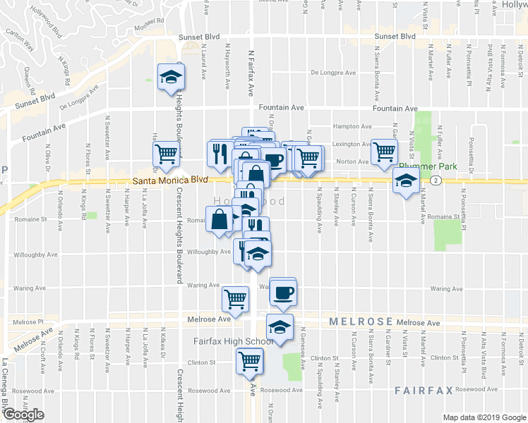 map of restaurants, bars, coffee shops, grocery stores, and more near 1001 North Orange Grove Avenue in West Hollywood