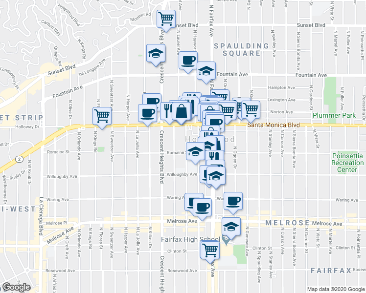 map of restaurants, bars, coffee shops, grocery stores, and more near 1000 North Edinburgh Avenue in West Hollywood