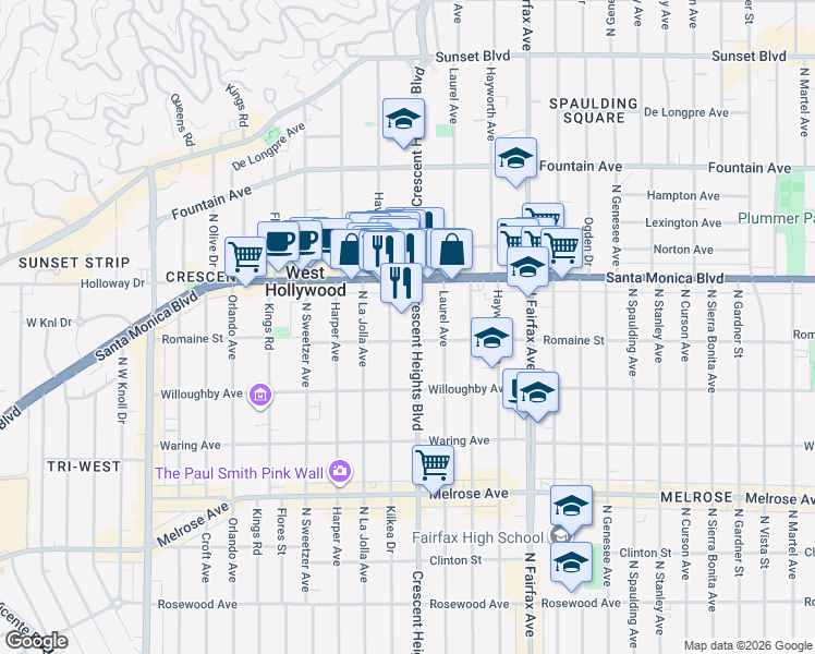 map of restaurants, bars, coffee shops, grocery stores, and more near 1011 North Crescent Heights Boulevard in West Hollywood